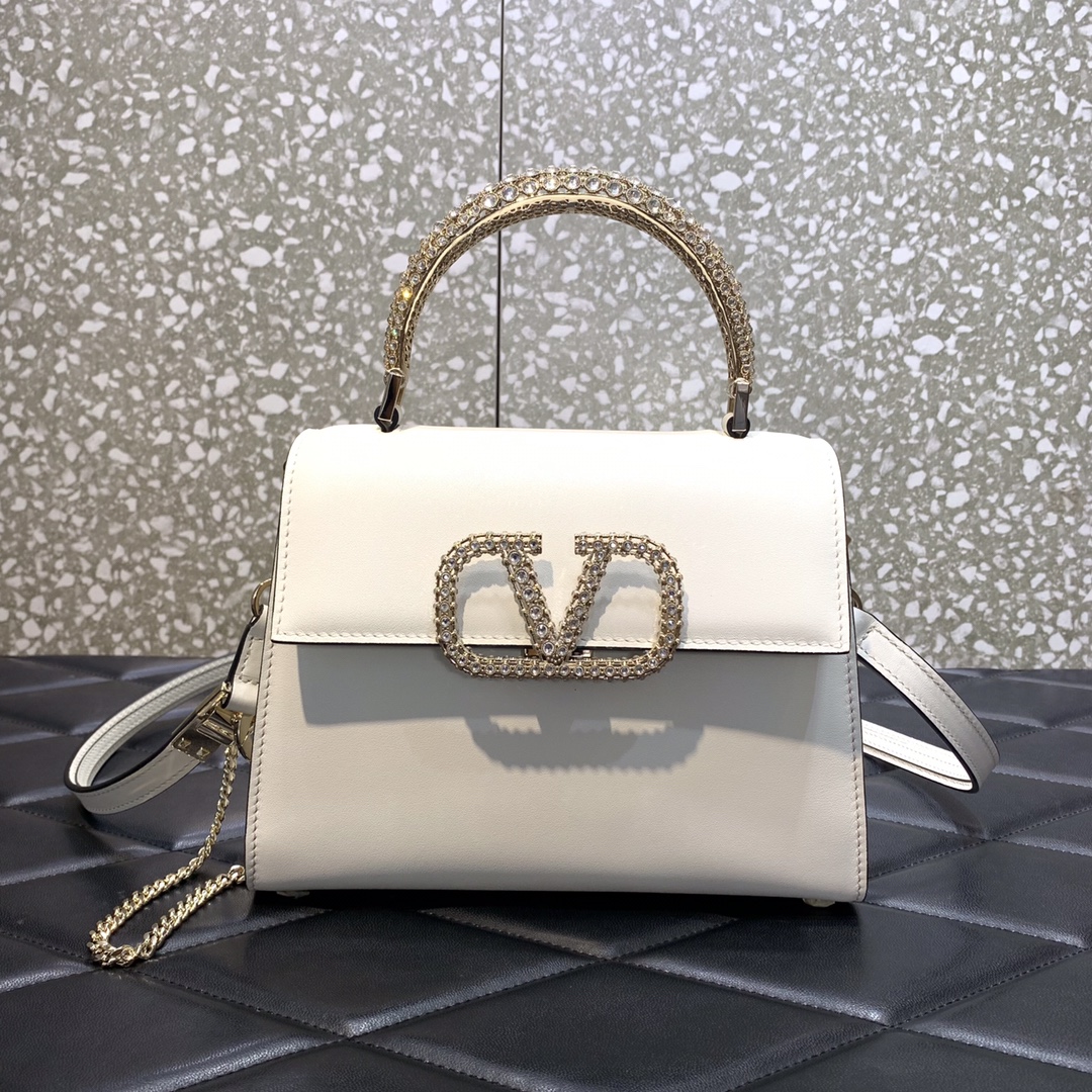 Valentino Garavani Vsling Small Handbag in Ivory Grainy Calfskin